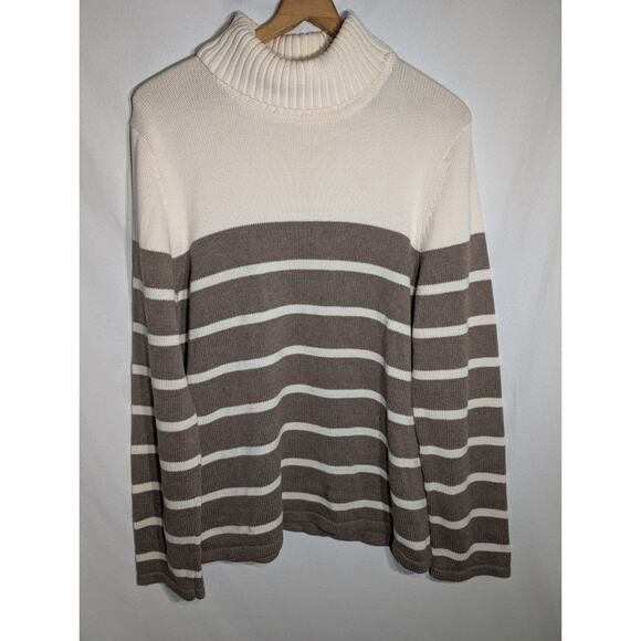 Pria Women's Knit Turtleneck Sweater XL Striped Cream Mocha Neutral Classic - Picture 1 of 5